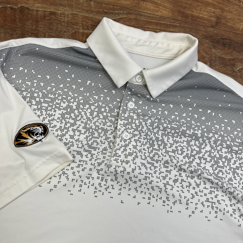 Under Armour Golf Polo Shirt Loose Mizzou Mens HeatGear White Gray Pixel Size XL